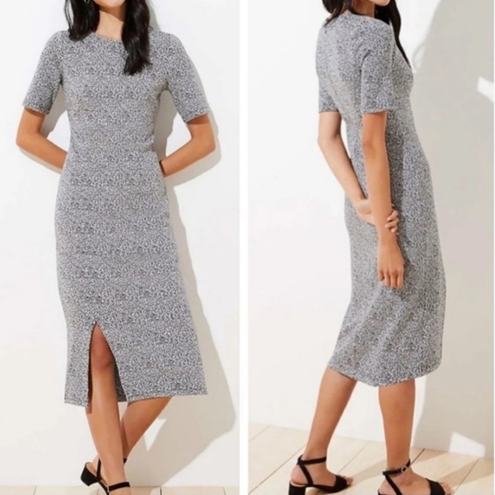 EUC LOFT Black White Short Sleeve Leopard Jacquard Fitted Midi Dress wi…